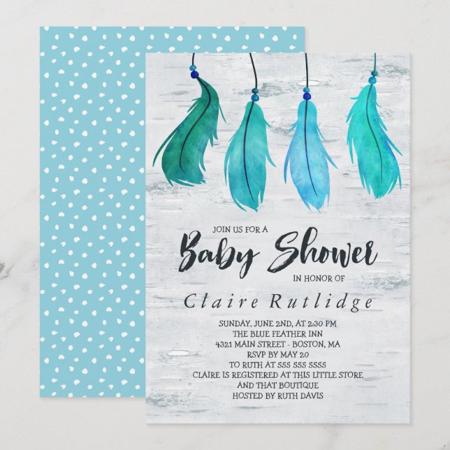 Birch & Blue Feathers Baby Shower Invitation (Front/Back)