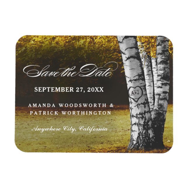 Birch Carved Heart Tree Fall Save the Date Magnets (Horizontal)
