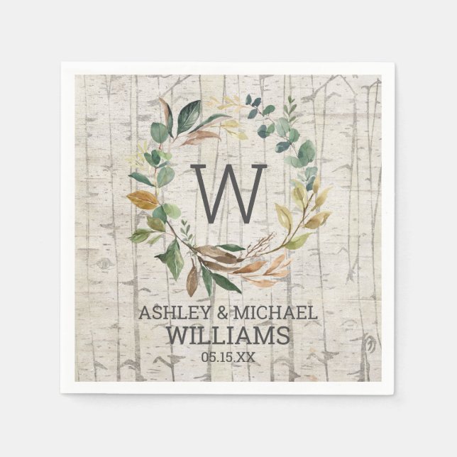 Birch Eucalyptus Greenery Wreath Monogram Wedding Napkin (Front)
