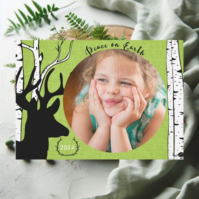 Birch Forest Deer Green Linen Holiday Photo Card (Creator Uploaded)