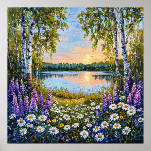 🌿 Birch Forest Lake Wildflower Calm Nature Sereni Poster
