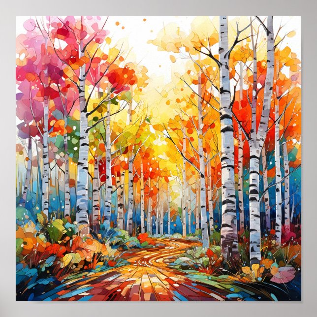 Birch Forest Vivid Colours Painting Poster (Front)