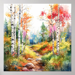 Birch Forest Vivid Colours Painting Poster