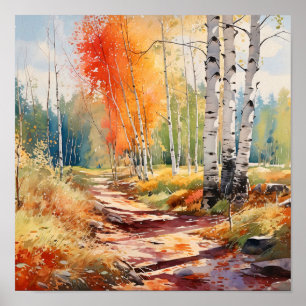 Birch Forest Vivid Colours Painting Poster