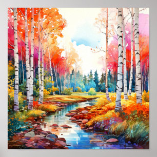 Birch Forest Vivid Colours Painting Poster