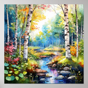Birch Forest Vivid Colours Painting Poster