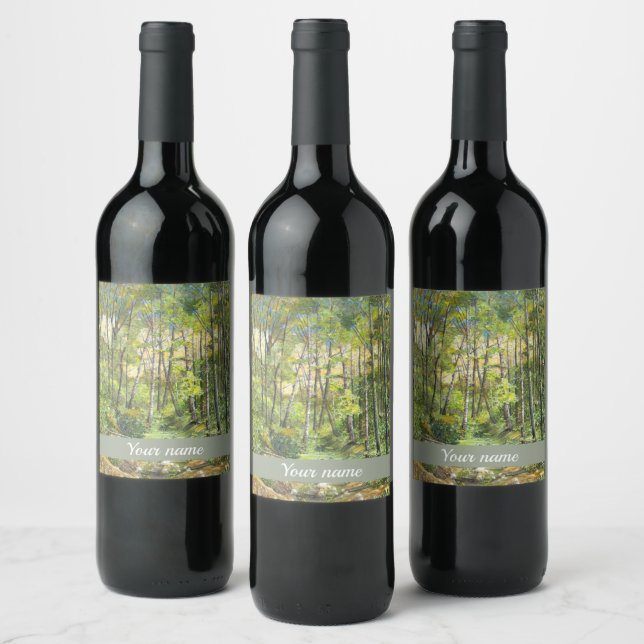 Birch grove painting  watercolor on silk wine label (Bottles)