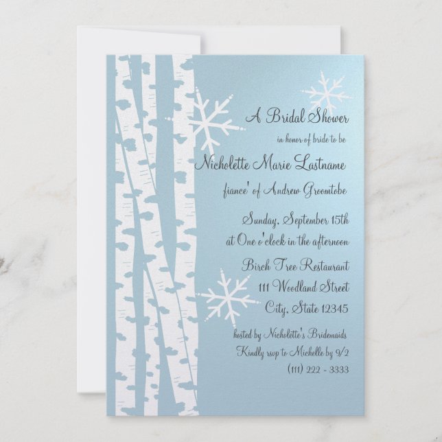 Birch Tree and Snowflakes Bridal Shower Ice Blue Invitation (Front)