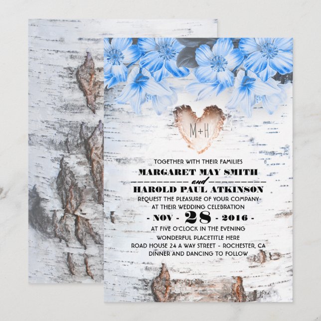 Birch Tree Bark Heart Rustic Country Wedding Invitation (Front/Back)