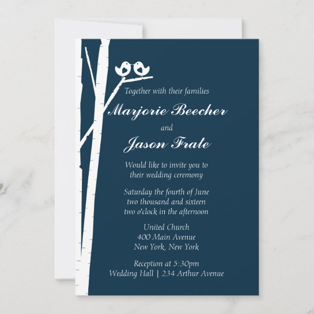 Birch Tree Birds Wedding Invitation - Blue (Front)