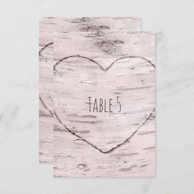 Birch Tree & Carved Heart Rustic Table Number (Front/Back)