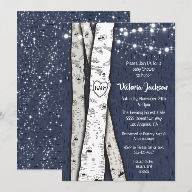 Birch Tree Evening Twinkle Lights Baby Shower Invitation (Front/Back)