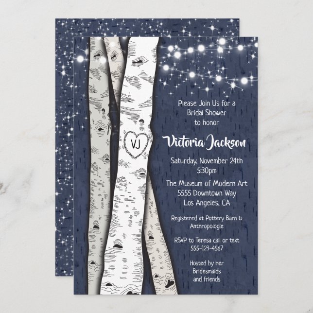 Birch Tree Evening Twinkle Lights Bridal Shower Invitation (Front/Back)