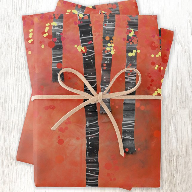 Birch Tree Forest Landscape Wrapping Paper Sheet (Red birch tree forest abstract art pattern gift wrapping paper sheets)