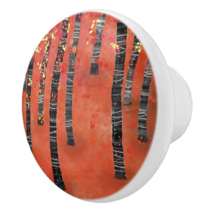 Birch Tree Forest Red Ceramic Knob