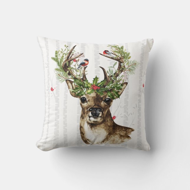 Birch Tree forest with a woodland Christmas deer Cushion (Front)