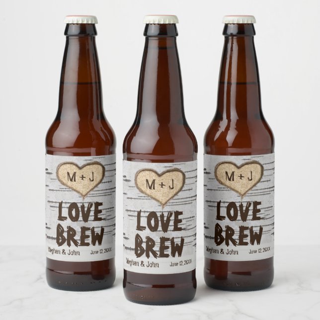 Birch tree heart initials rustic wedding beer bottle label (Bottles)