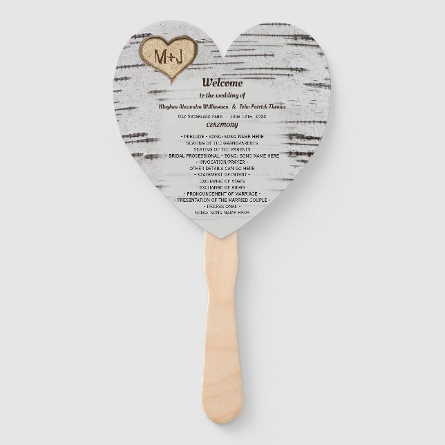 Birch tree heart initials rustic wedding program hand fan (Front)