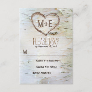 Birch tree heart initials rustic wedding RSVP card