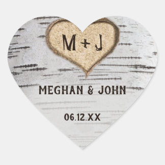 Birch tree heart initials rustic wedding sticker