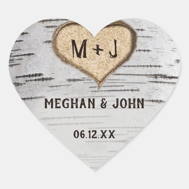 Birch tree heart initials rustic wedding sticker (Front)