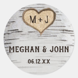 Birch tree heart initials rustic wedding sticker
