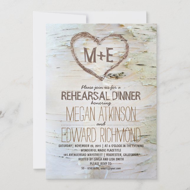 Birch tree heart rustic rehearsal dinner invites (Front)