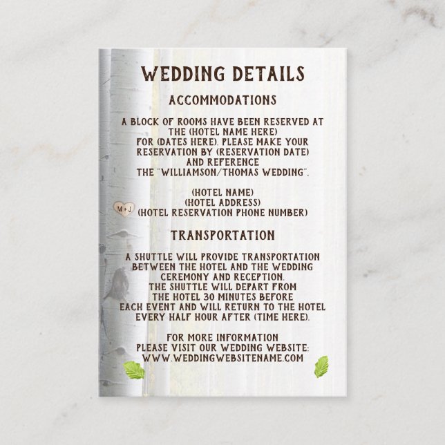 Birch tree heart rustic wedding details card (Front)