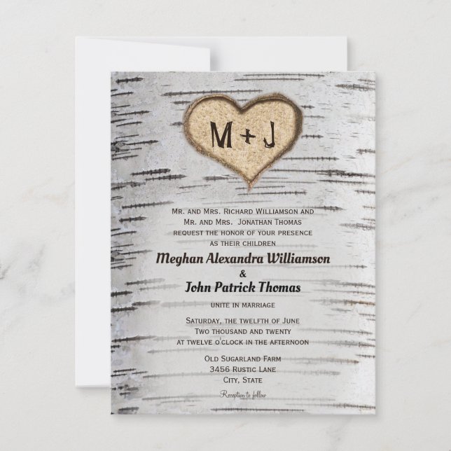 Birch Tree Initials Heart Rustic Country Wedding Invitation (Front)