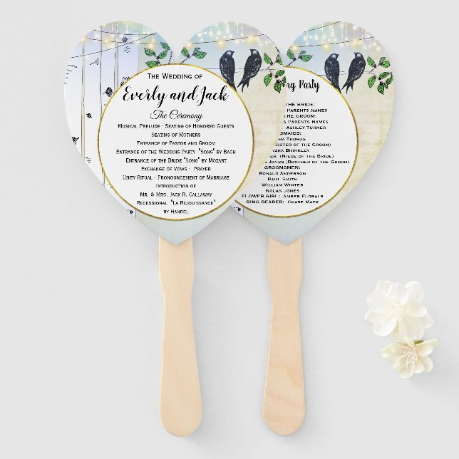 Birch Tree Love Bird Forest Boho Wedding Program Hand Fan (Front and Back)