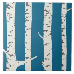 Birch tree on cobalt blue tile 