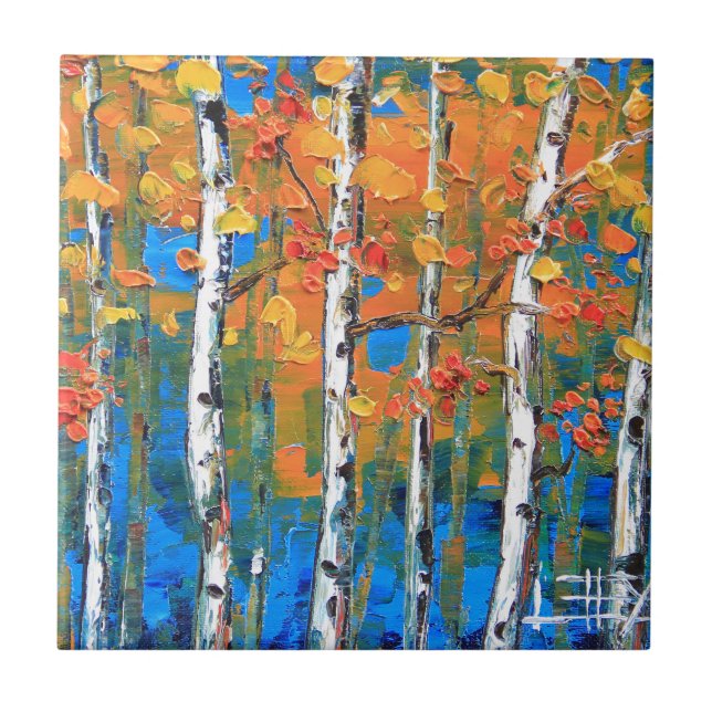 Birch Tree Painting, Blue Birch, Fall textured Art Tile (Front)