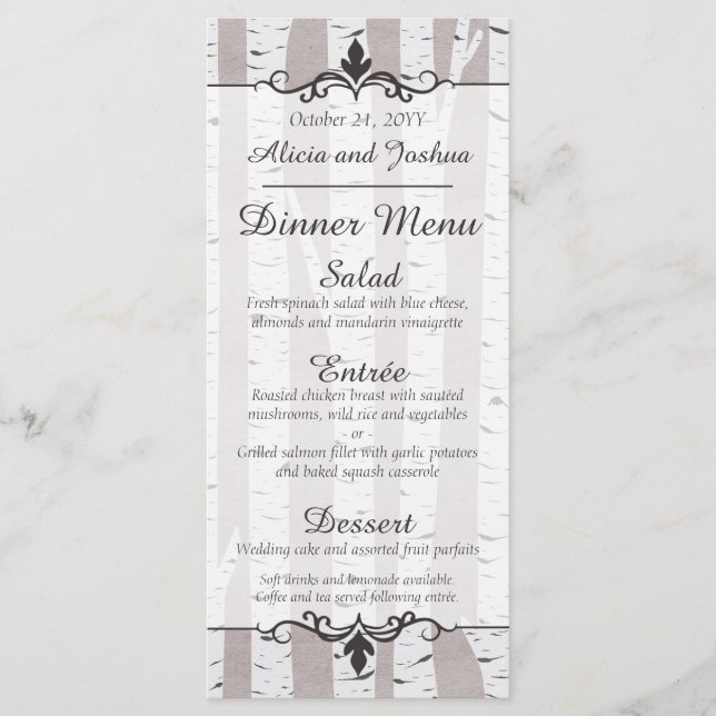 Birch Tree Rustic Nature Wedding Dinner Menu (Front)
