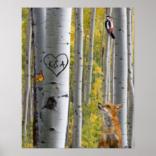 Birch Tree Rustic Personalised Carved with Fox Poster