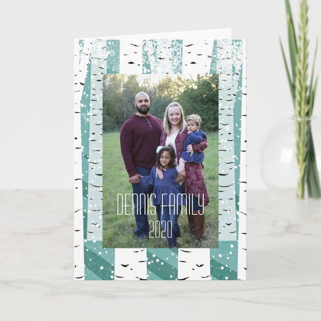 Birch tree snowflake winter woodland photo card (Front)