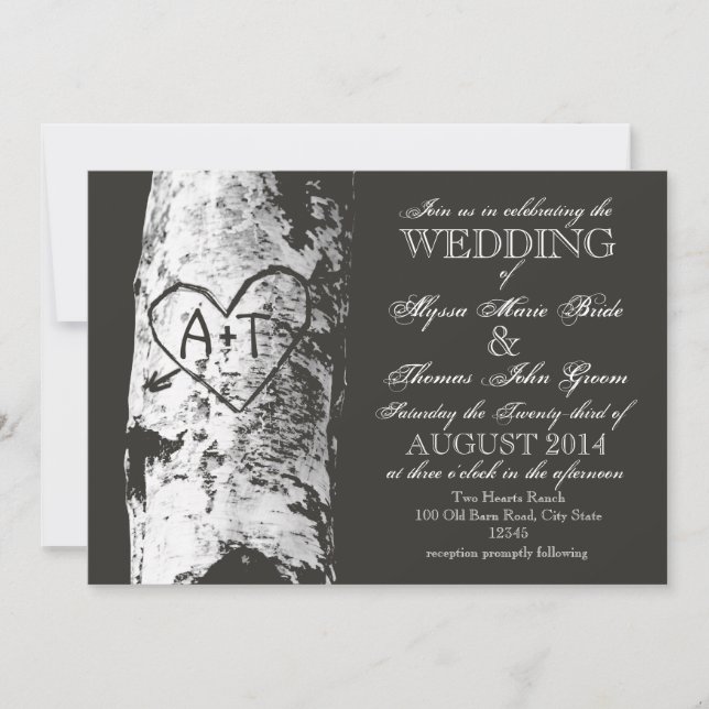 Birch Tree with Carved Heart Inititials Invitation (Front)