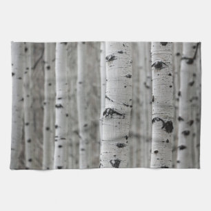 Birch trees, black & White, winter kitchen Tea Towel