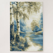 Birch Trees by the Riverside, Stylised Landscape