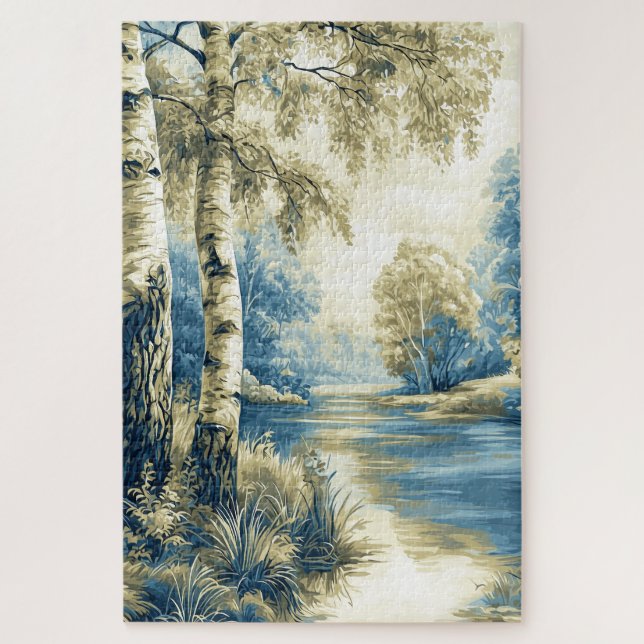 Birch Trees by the Riverside, Stylised Landscape Jigsaw Puzzle (Vertical)