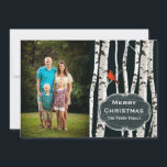 Birch Trees Custom Photo Christmas Greeting Holiday Card<br><div class="desc">Stylish flat style Christmas greeting card, with a custom photograph, on the left side, and graphics of white barked birch trees, on the left. A single red cardinal perches on one of the tree branches and a vintage looking oval chalkboard style plaque, below, has white custom text ready to personalise....</div>