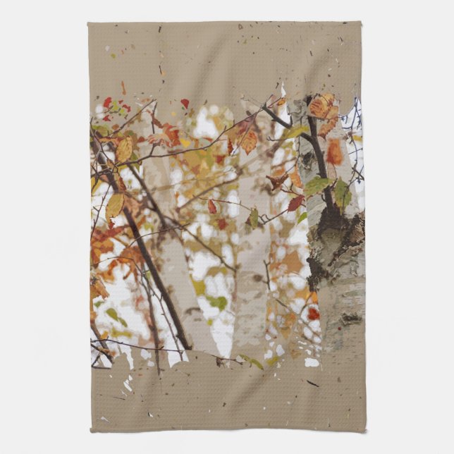Birch Trees Fall Leaves Rough Edge Spatter Rustic Tea Towel (Vertical)