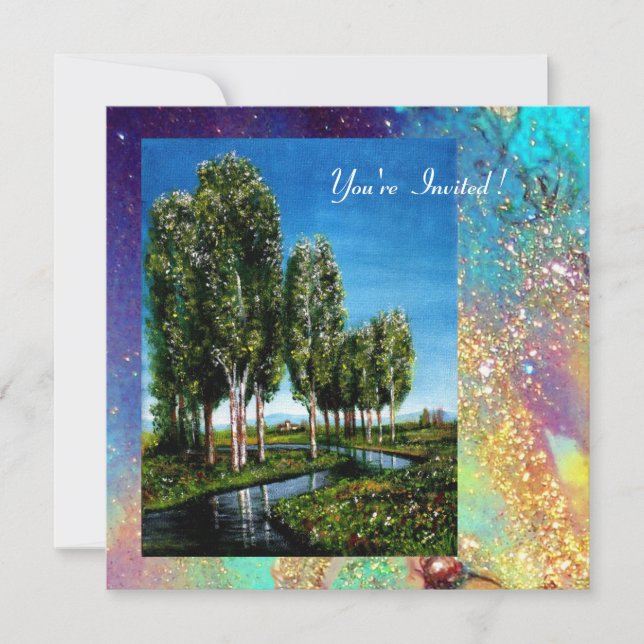 BIRCH TREES IN TUSCANY, blue green gold sparkles Invitation (Front)