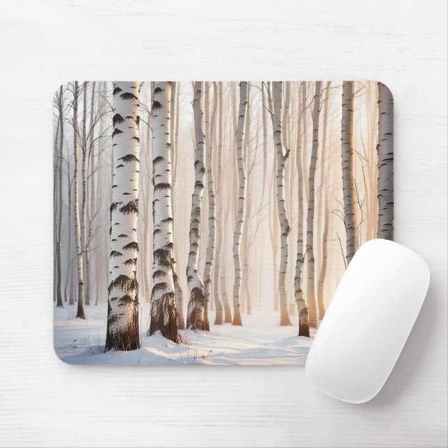 Birch Trees In Winter Forest Mouse Mat (With Mouse)
