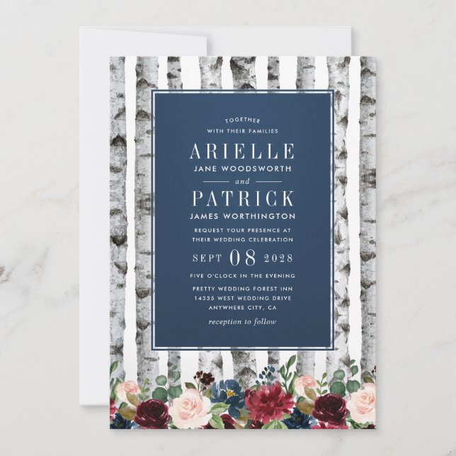 Birch Trees Navy Blue Burgundy Wedding Invitations (Front)