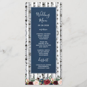 Birch Trees Navy Blue Burgundy Wedding Menu Cards