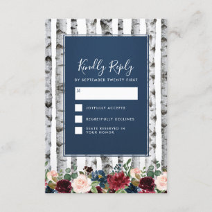Birch Trees Navy Blue Burgundy Wedding RSVP Cards