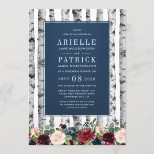 Birch Trees Navy Blue Rehearsal Dinner Invitations