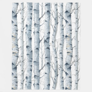 Birch trees pattern grey white fleece blanket