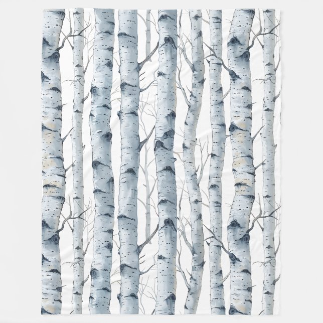 Birch trees pattern grey white fleece blanket (Front)