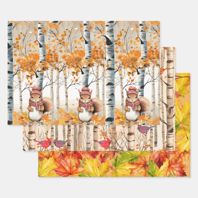 Birch Trees, Red Cardinals and Chipmunks Wrapping Paper Sheet (Set)
